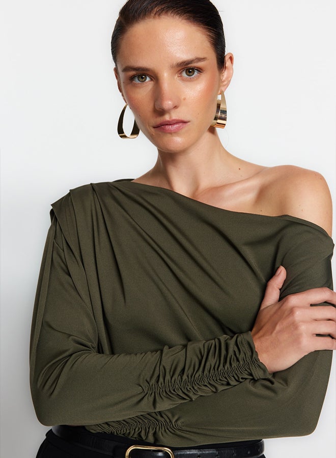trendyol Khaki Asymmetrical Collar Flowy Stretchy Knitted Blouse - Image 3