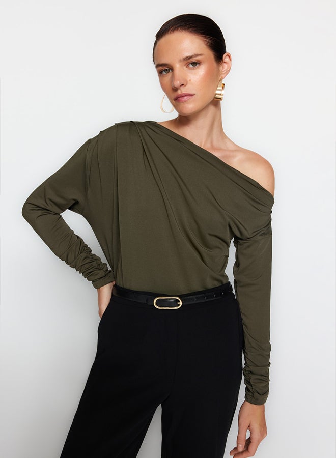 trendyol Khaki Asymmetrical Collar Flowy Stretchy Knitted Blouse - Image 2