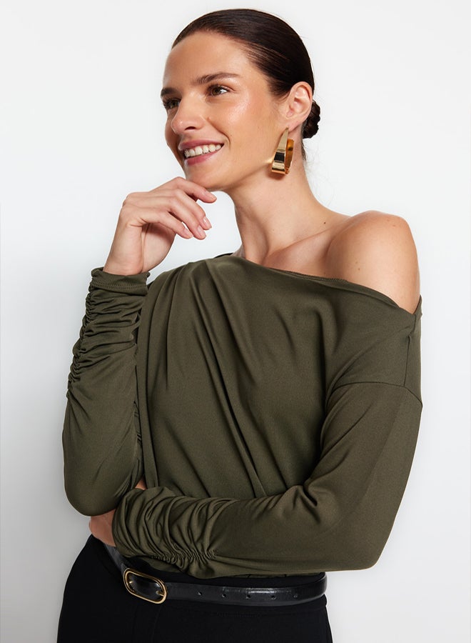 trendyol Khaki Asymmetrical Collar Flowy Stretchy Knitted Blouse - Image 1