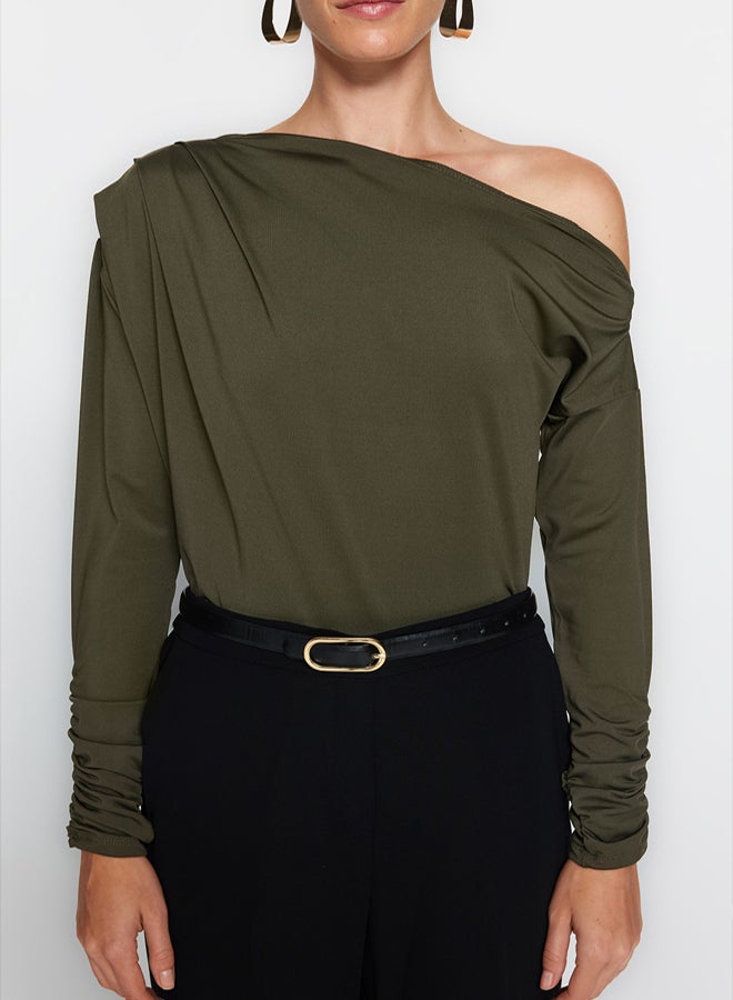trendyol Khaki Asymmetrical Collar Flowy Stretchy Knitted Blouse - Image 4