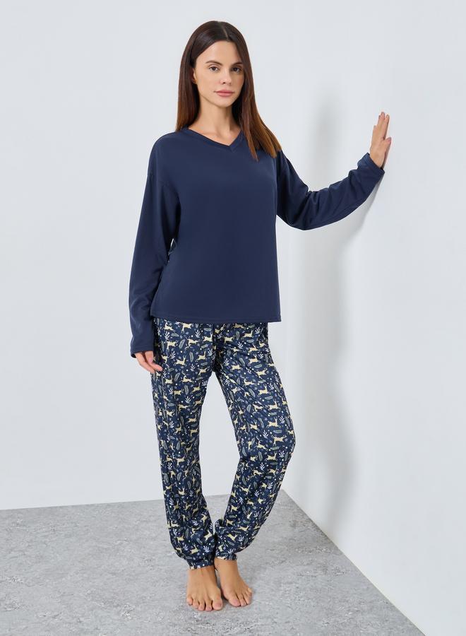 ستايلي طقم بيجاما من بنطال بأساور مع تيشيرت سادة - Image 1