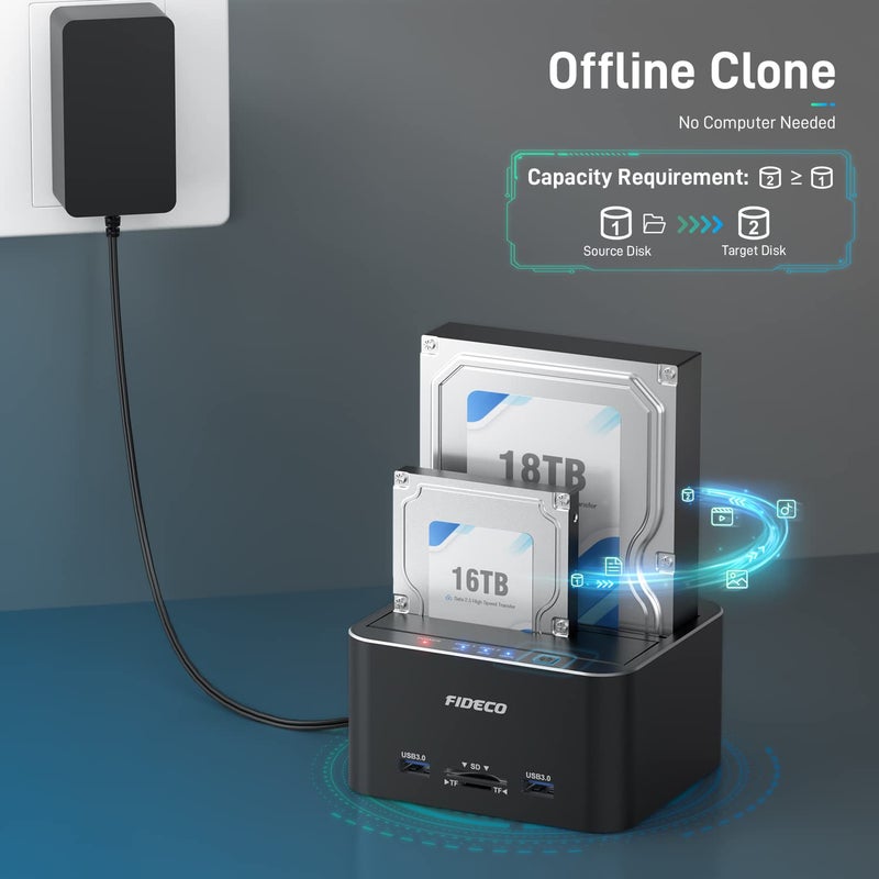 FIDECO Hard Drive Docking Station, USB 3.0 SATA to HDD Docking Station for 2.5 & 3.5 inch SATA HDD/SSD, Dual Bay, Support Offline Clone (Aluminum and ABS) - Image 3