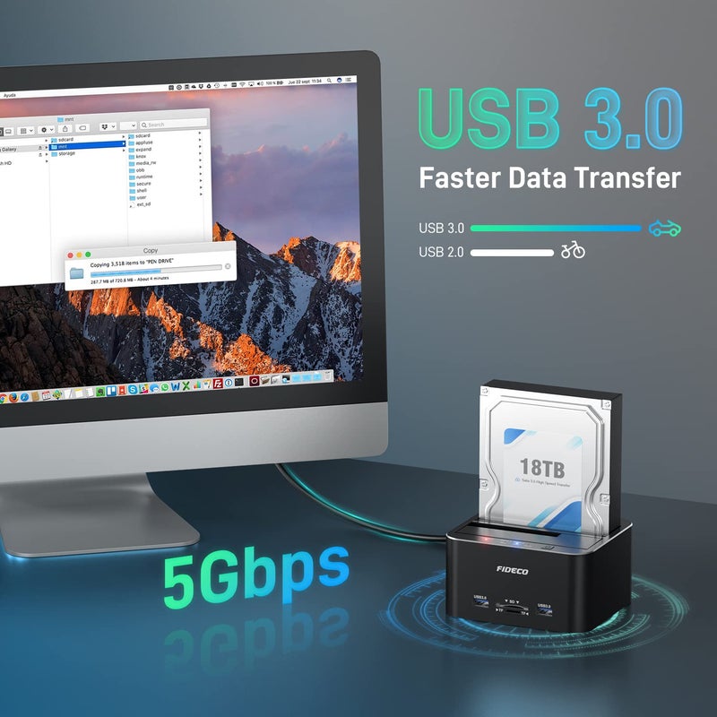 FIDECO Hard Drive Docking Station, USB 3.0 SATA to HDD Docking Station for 2.5 & 3.5 inch SATA HDD/SSD, Dual Bay, Support Offline Clone (Aluminum and ABS) - Image 2