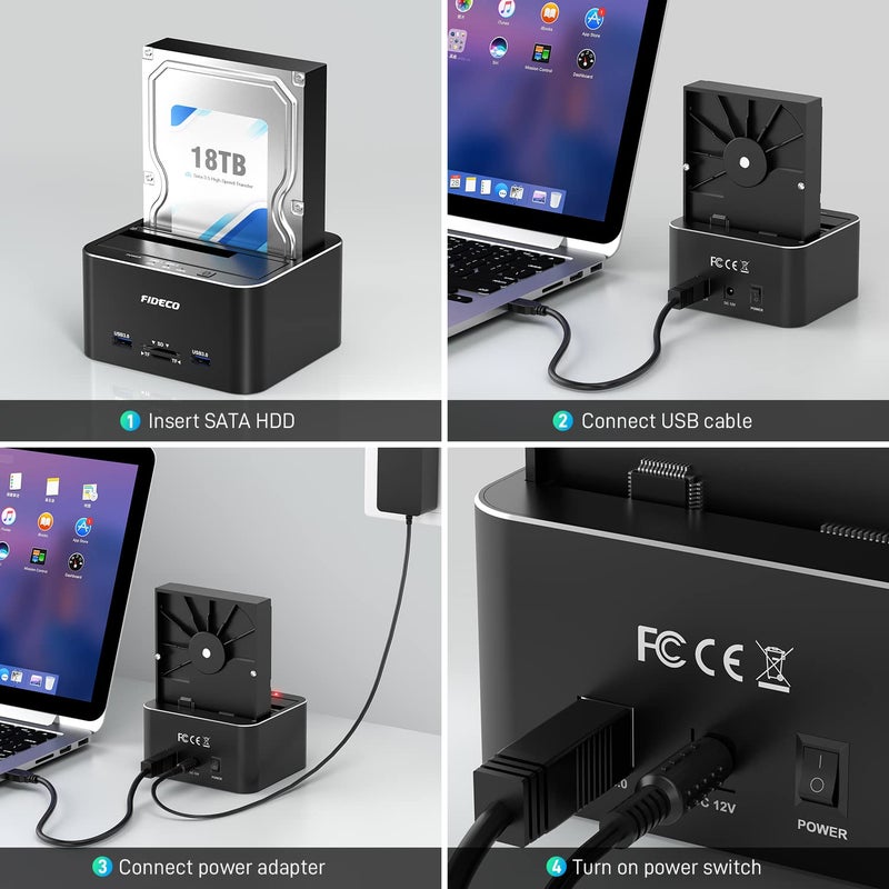 FIDECO Hard Drive Docking Station, USB 3.0 SATA to HDD Docking Station for 2.5 & 3.5 inch SATA HDD/SSD, Dual Bay, Support Offline Clone (Aluminum and ABS) - Image 5