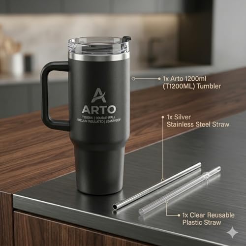 Arto Stainless Steel Insulated Tumbler with Handle and Straw, 1200 ml, Leakproof Lid, Cup Holder Friendly – Multicolour (POF-1) - Image 5