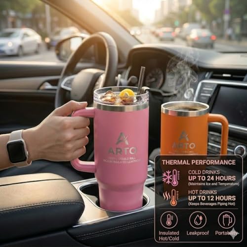 Arto Stainless Steel Insulated Tumbler with Handle and Straw, 1200 ml, Leakproof Lid, Cup Holder Friendly – Multicolour (POF-1) - Image 2