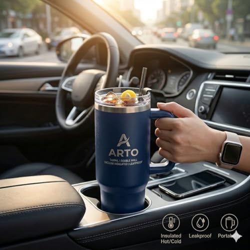 Arto Stainless Steel Insulated Tumbler with Handle and Straw, 1200 ml, Leakproof Lid, Cup Holder Friendly – Multicolour (POF-1) - Image 3