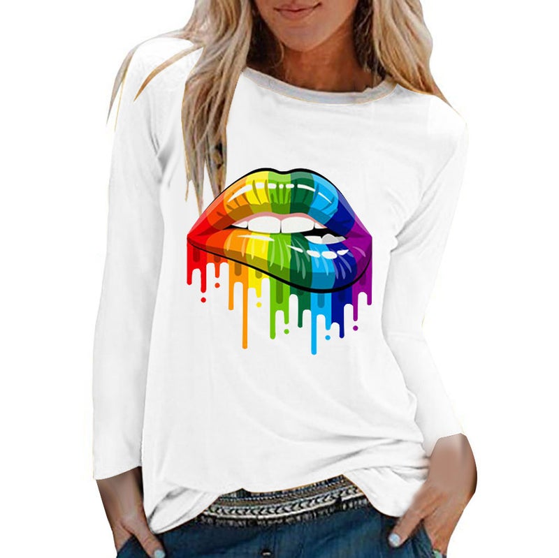 Long Sleeve Women'S T-Shirt Top Polyester Cotton Lips Colorful Red Printed T-Shirt Top Casual Plus Size T - Image 1