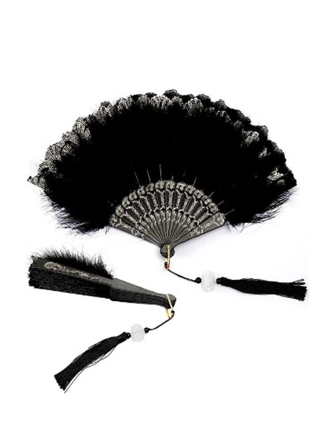 مروحة يدوية من الريش، مروحة قابلة للطي باللون الأسود، محمولة باليد، للاحتفالات وحفلات الزفاف والرقص والديكور - Image 1