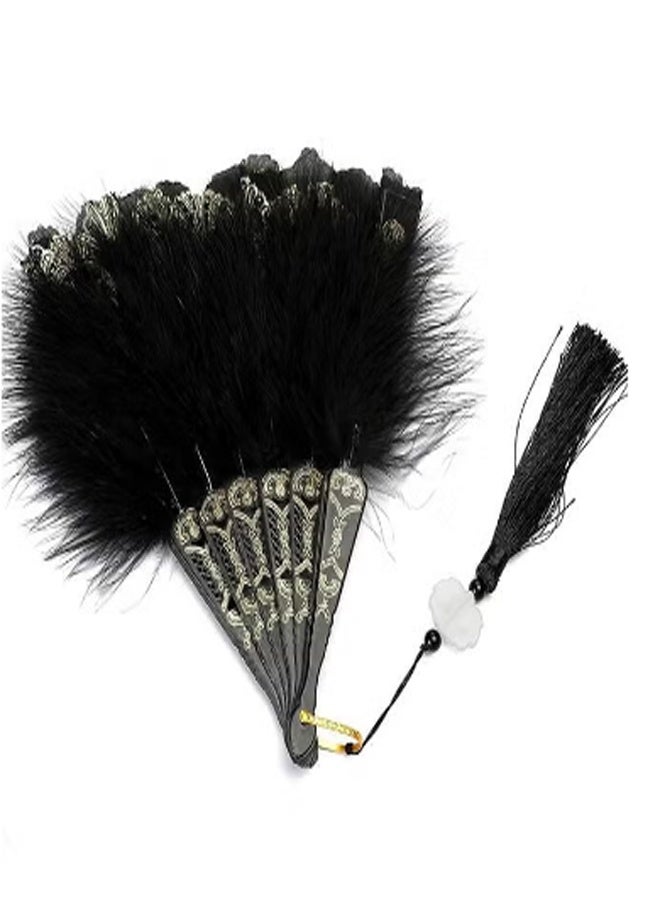 مروحة يدوية من الريش، مروحة قابلة للطي باللون الأسود، محمولة باليد، للاحتفالات وحفلات الزفاف والرقص والديكور - Image 3