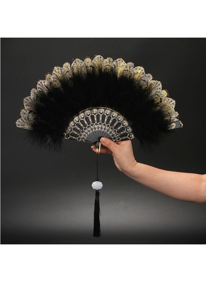 مروحة يدوية من الريش، مروحة قابلة للطي باللون الأسود، محمولة باليد، للاحتفالات وحفلات الزفاف والرقص والديكور - Image 5