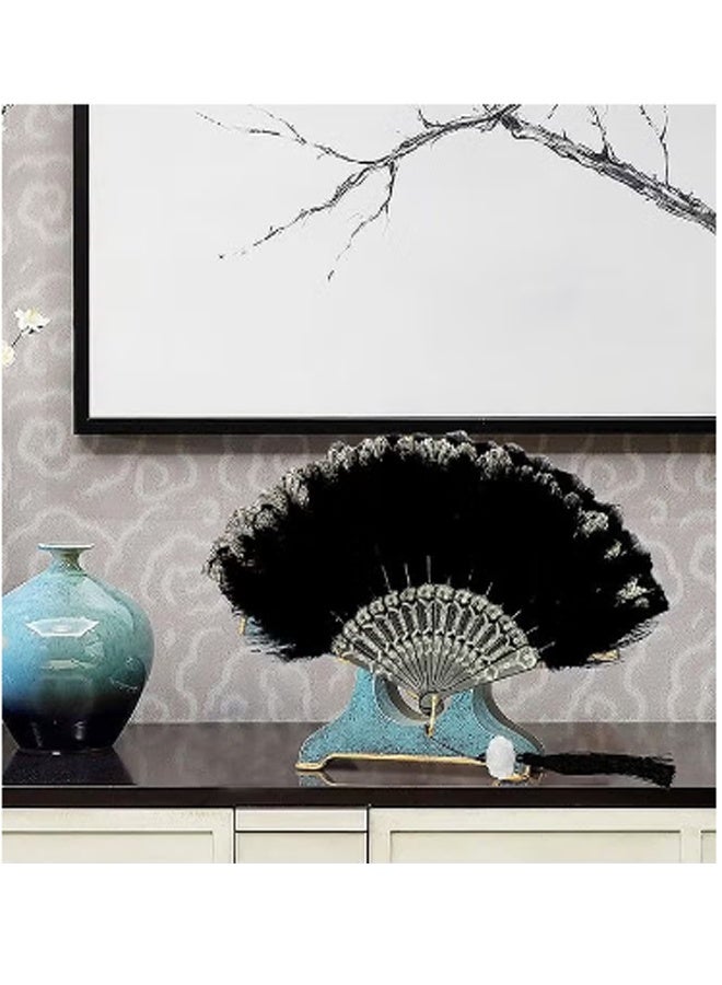 مروحة يدوية من الريش، مروحة قابلة للطي باللون الأسود، محمولة باليد، للاحتفالات وحفلات الزفاف والرقص والديكور - Image 4