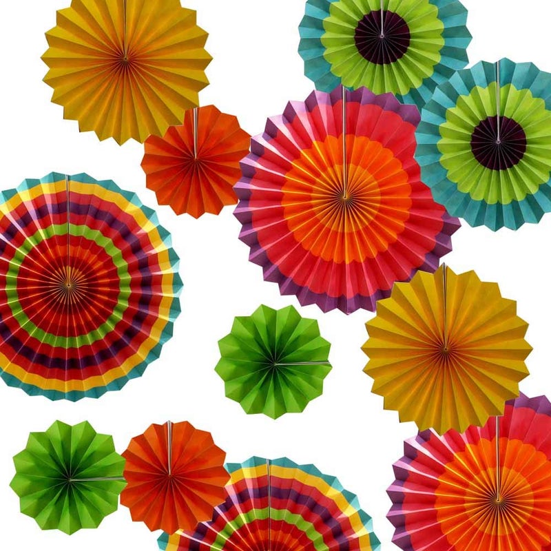 Hola Fiesta Paper Fans Flower Birthday Carnival Welcome Party Decorations ColorsSet of 12 - Image 1