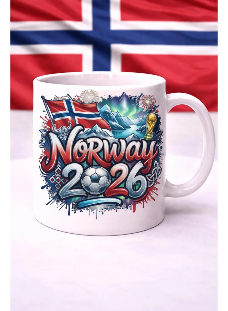 White Ceramic Coffee Mug, 2026 World Cup Commemorative, Norway Design