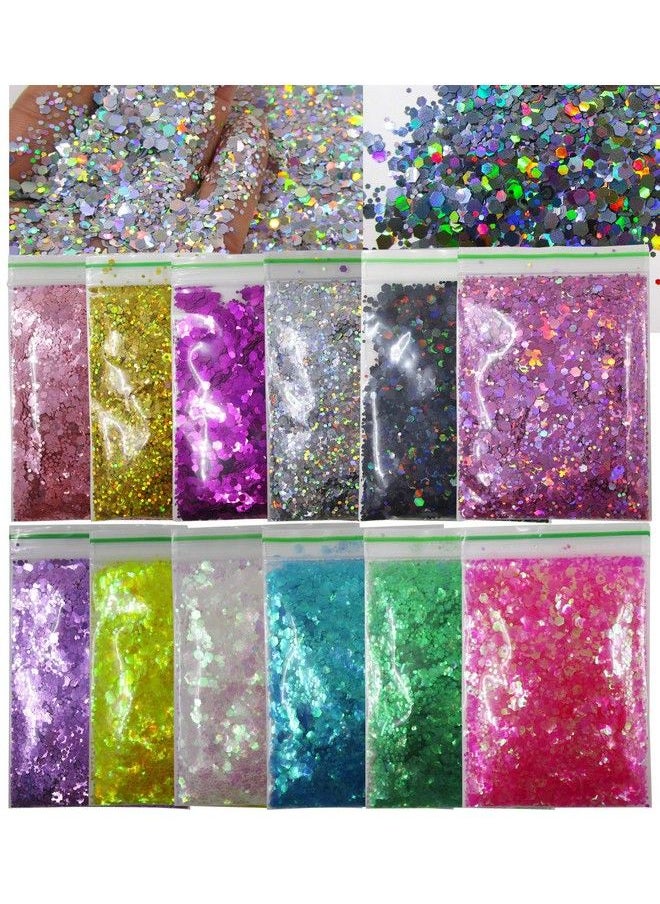 LifexTol - 12 Colors Hexagon Chunky Glitter Crafts Sequins Holographic Gold Silver Black Mylar Pink Sparkles Nail Art Flakes For Resinmakeupnail Tips (Hexagonb) - Image 1