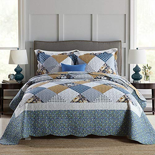 NEWLAKE Quilt Bedspread Sets-Checkered Floral Reversible Coverlet Set,Queen Size - Image 1