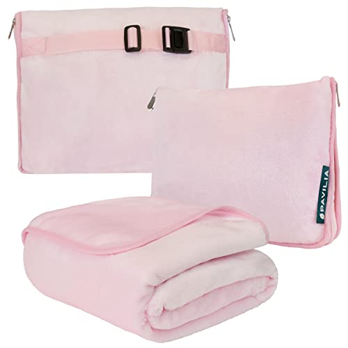 PAVILIA PAVILIA Travel Blanket Pillow Soft Airplane Blanket 2in1 Combo Set Plane Blanket Compact Packable Flight Essentials Car Pillow Travelers Gifts Accessories Luggage Backpack Strap 60x43 Pink 