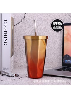 Foreign trade 16oz 304 double-layer stainless steel straw cup gift Cup factory wholesale same vacuum coffee cup with lidBig diamond pattern Golden Orange Big diamond pattern Golden Orange