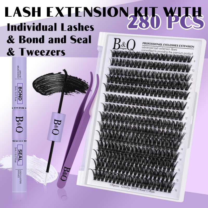 B&qaugen DIY Lash Extension Kit 280pcs Individual Lashes Cluster D Curl Eyelash Extension Kit Lash Clusters with Lash Bond and Seal and Lash Applicator Tool for Self Application (KIT,50D-D-9-16MIX) - Image 2
