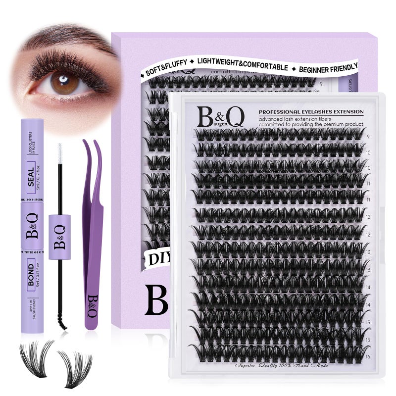 B&qaugen DIY Lash Extension Kit 280pcs Individual Lashes Cluster D Curl Eyelash Extension Kit Lash Clusters with Lash Bond and Seal and Lash Applicator Tool for Self Application (KIT,50D-D-9-16MIX) - Image 1