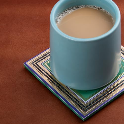 GIBOX Tea & Wine Table Coaster for Home & Kitchen Dining Table Gold Plated Enamel Glossy Finish Green Wooden (Set of 4) Office, Bar Table with Absorbent & Anti Slip Hot & Cold Drinks - Image 4