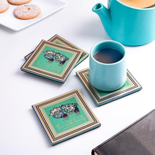 GIBOX Tea & Wine Table Coaster for Home & Kitchen Dining Table Gold Plated Enamel Glossy Finish Green Wooden (Set of 4) Office, Bar Table with Absorbent & Anti Slip Hot & Cold Drinks - Image 1