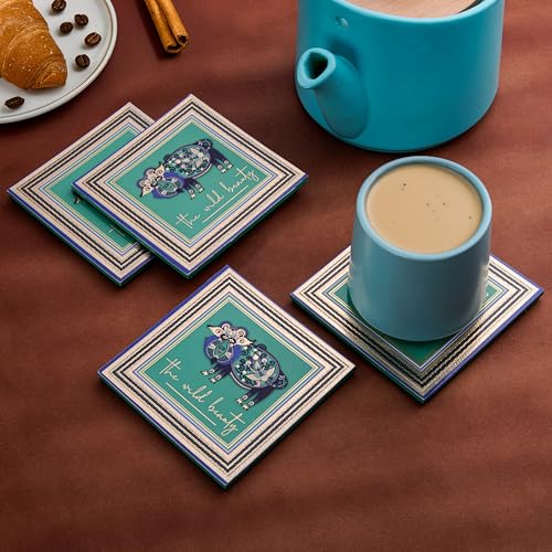 GIBOX Tea & Wine Table Coaster for Home & Kitchen Dining Table Gold Plated Enamel Glossy Finish Green Wooden (Set of 4) Office, Bar Table with Absorbent & Anti Slip Hot & Cold Drinks - Image 5