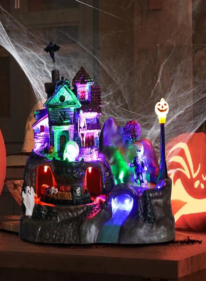 CHONSUN Halloween Village House Decorations 8.8 inch Lighted Haunted House with Animated Train Skull Ghost Bat Pumpkin Statue Scary Music Halloween Village Figurine Party Holiday Collection Table Indoor Decor - Image 2