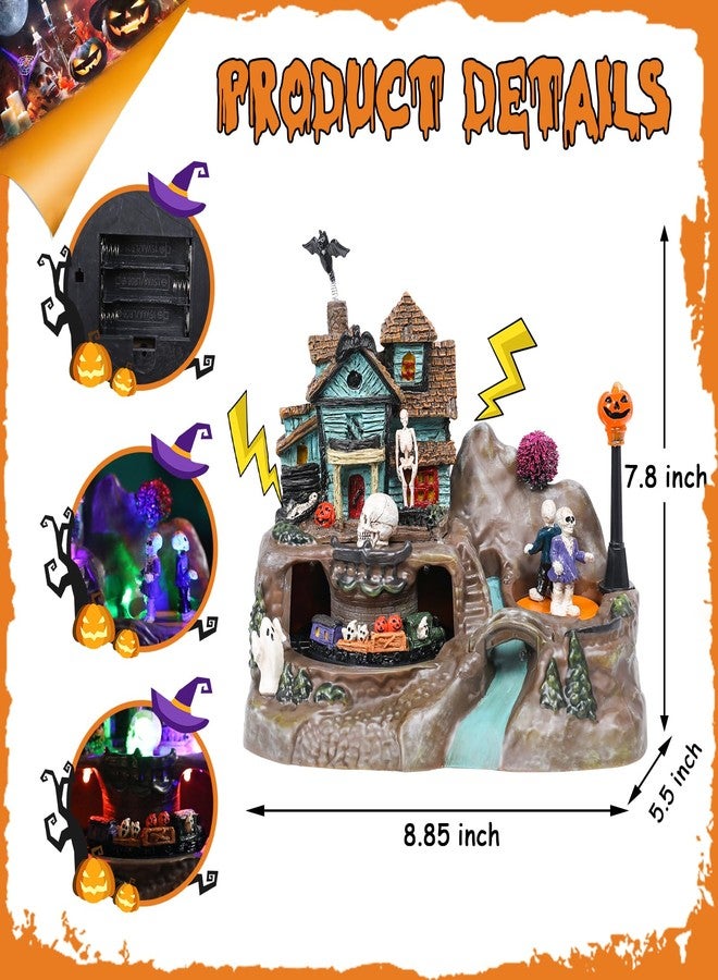 CHONSUN Halloween Village House Decorations 8.8 inch Lighted Haunted House with Animated Train Skull Ghost Bat Pumpkin Statue Scary Music Halloween Village Figurine Party Holiday Collection Table Indoor Decor - Image 3