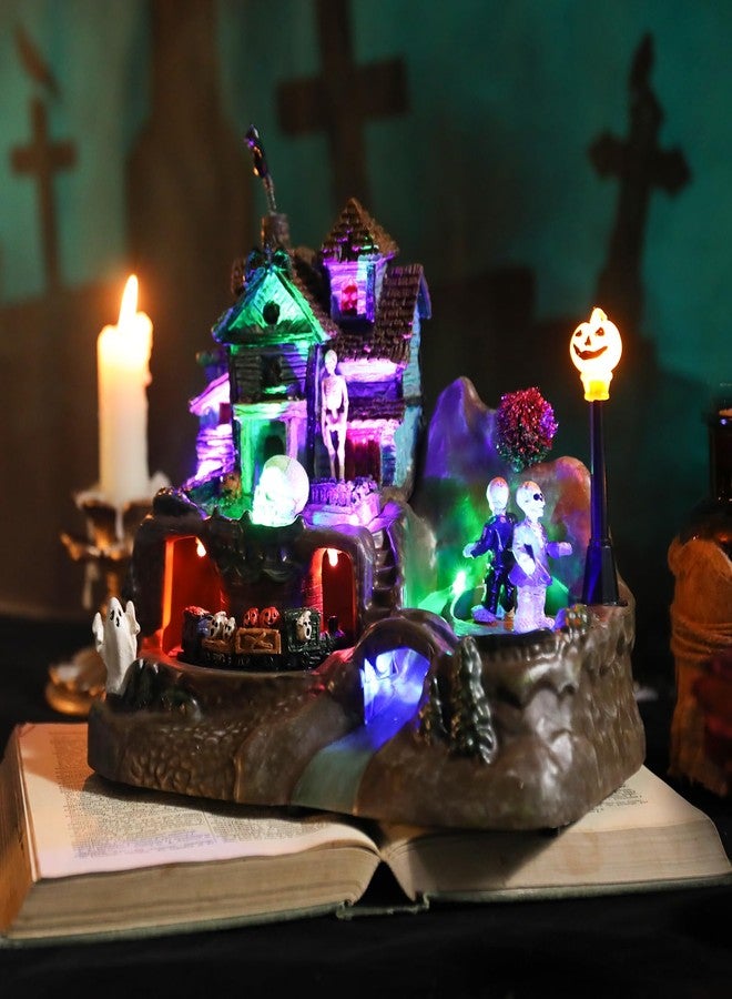 CHONSUN Halloween Village House Decorations 8.8 inch Lighted Haunted House with Animated Train Skull Ghost Bat Pumpkin Statue Scary Music Halloween Village Figurine Party Holiday Collection Table Indoor Decor - Image 4