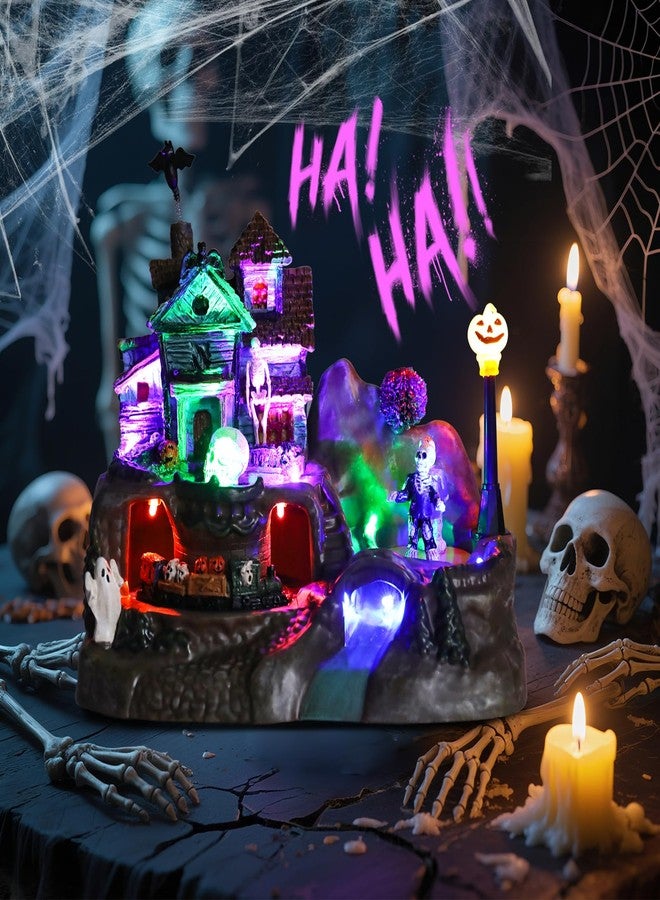 CHONSUN Halloween Village House Decorations 8.8 inch Lighted Haunted House with Animated Train Skull Ghost Bat Pumpkin Statue Scary Music Halloween Village Figurine Party Holiday Collection Table Indoor Decor - Image 5