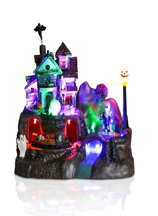 CHONSUN Halloween Village House Decorations 8.8 inch Lighted Haunted House with Animated Train Skull Ghost Bat Pumpkin Statue Scary Music Halloween Village Figurine Party Holiday Collection Table Indoor Decor - Image 1