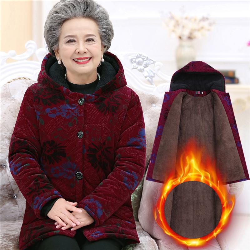 Middle-aged and elderly winter cotton-padded coat mothers mid-length hooded cotton-padded coat fleece-lined thick loose plus size cotton-padded coat thick coat Red Maple Leaf top