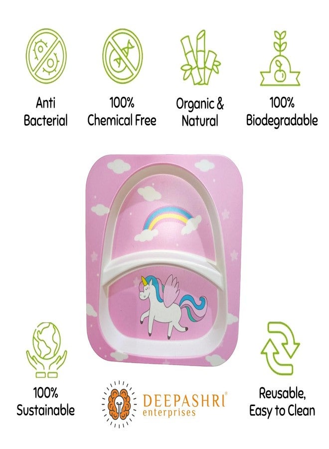Deepashri™ Bamboo Unicorn Tableware Kids Plate Set with Bowl Cup Fork Spoon Tableware for Baby Dinning Set Bamboo Fiber Dinner Set for Kids Utensil (Set of 5 Pieces) - Image 2