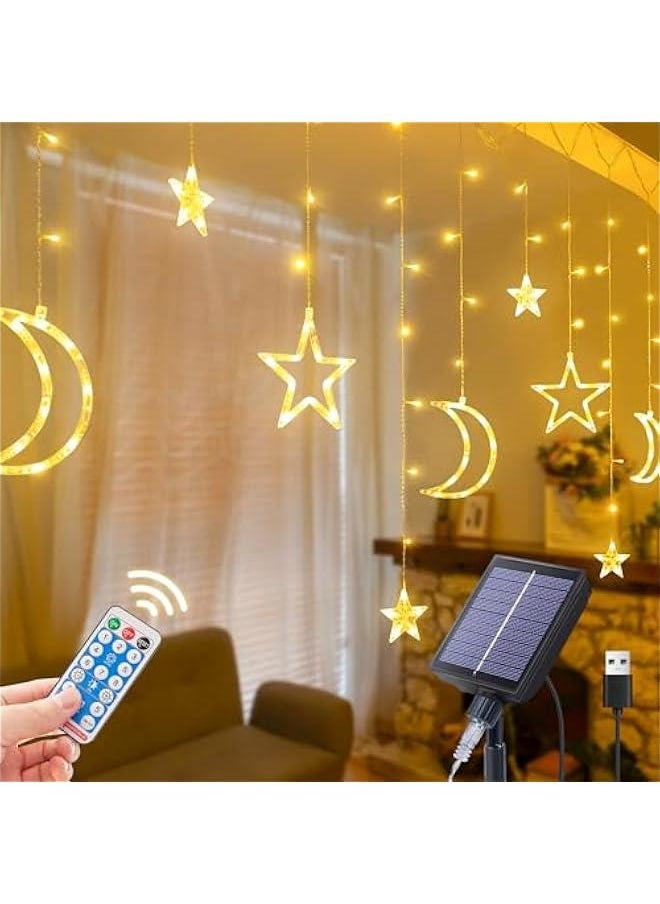 Arabest Solar Icicle Lights for Ramadan - 10.8ft 138 LED Outdoor Moons Stars Curtain String with Timer Remote - USB Rechargeable Warm White Patio Decor  - Image 1
