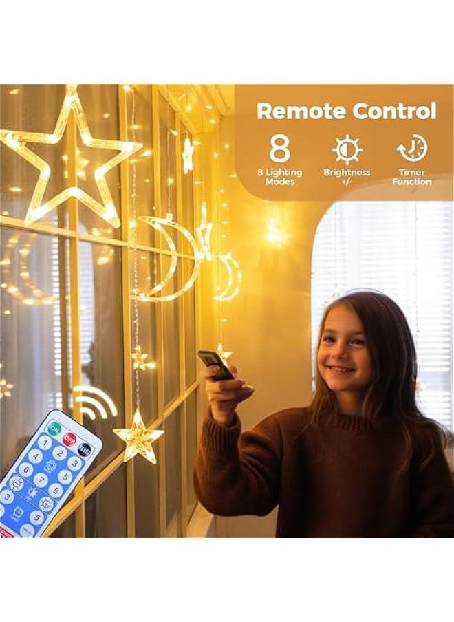 Arabest Solar Icicle Lights for Ramadan - 10.8ft 138 LED Outdoor Moons Stars Curtain String with Timer Remote - USB Rechargeable Warm White Patio Decor  - Image 2
