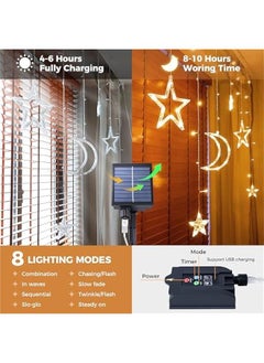 Arabest Solar Icicle Lights for Ramadan - 10.8ft 138 LED Outdoor Moons Stars Curtain String with Timer Remote - USB Rechargeable Warm White Patio Decor  - Image 4