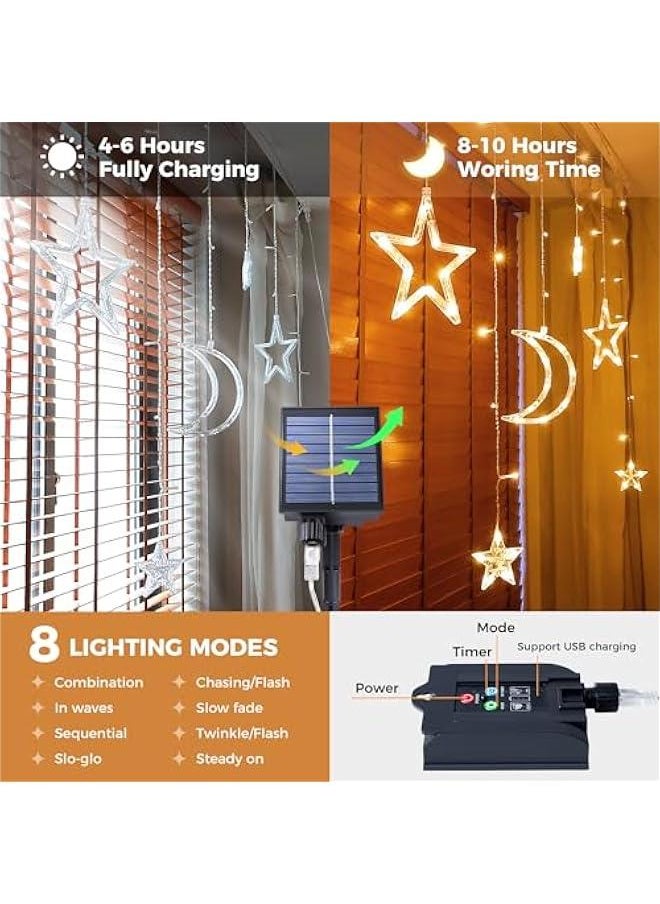 Arabest Solar Icicle Lights for Ramadan - 10.8ft 138 LED Outdoor Moons Stars Curtain String with Timer Remote - USB Rechargeable Warm White Patio Decor  - Image 4