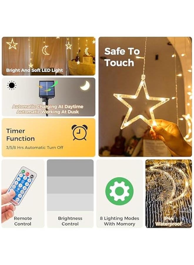 Arabest Solar Icicle Lights for Ramadan - 10.8ft 138 LED Outdoor Moons Stars Curtain String with Timer Remote - USB Rechargeable Warm White Patio Decor  - Image 5