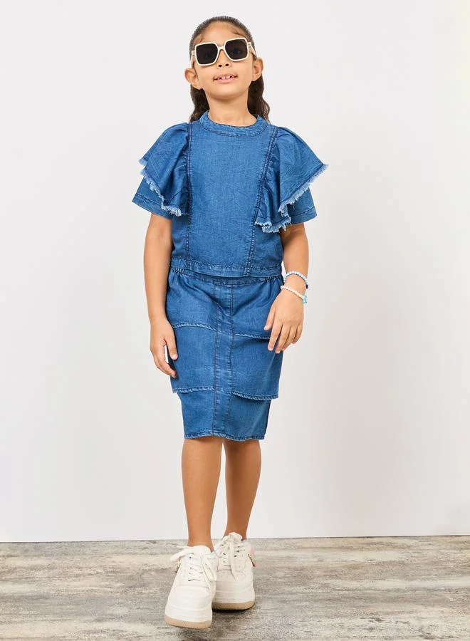 Styli Ruffle Detail Denim Top and Pencil Mini Skirt
