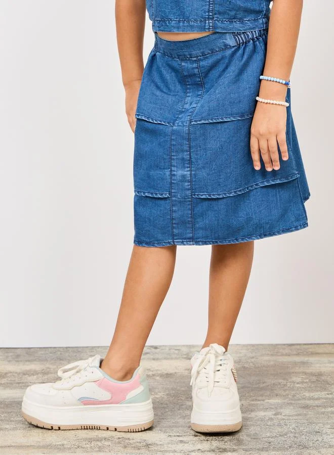 Styli Ruffle Detail Denim Top and Pencil Mini Skirt