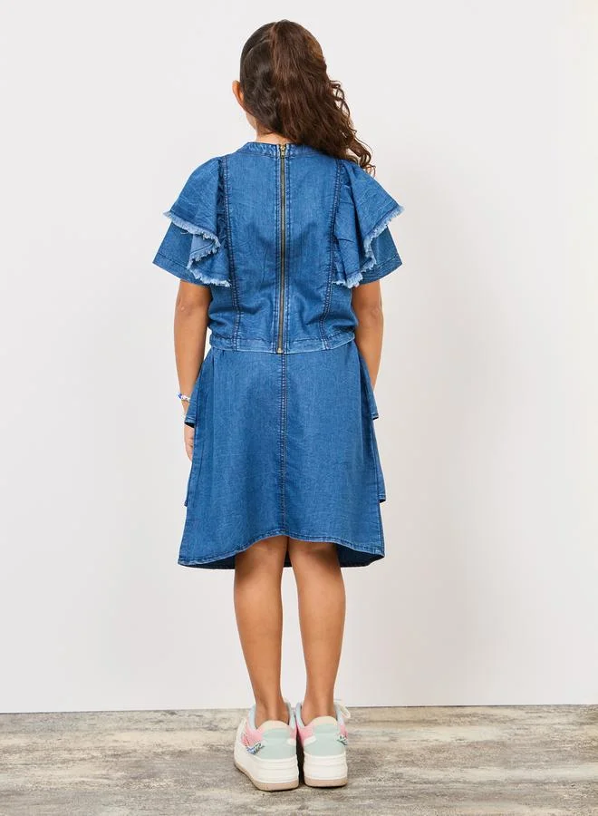 Styli Ruffle Detail Denim Top and Pencil Mini Skirt