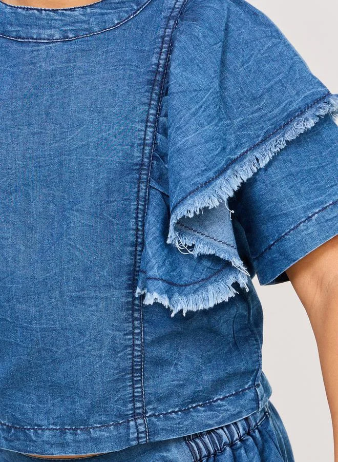 Styli Ruffle Detail Denim Top and Pencil Mini Skirt
