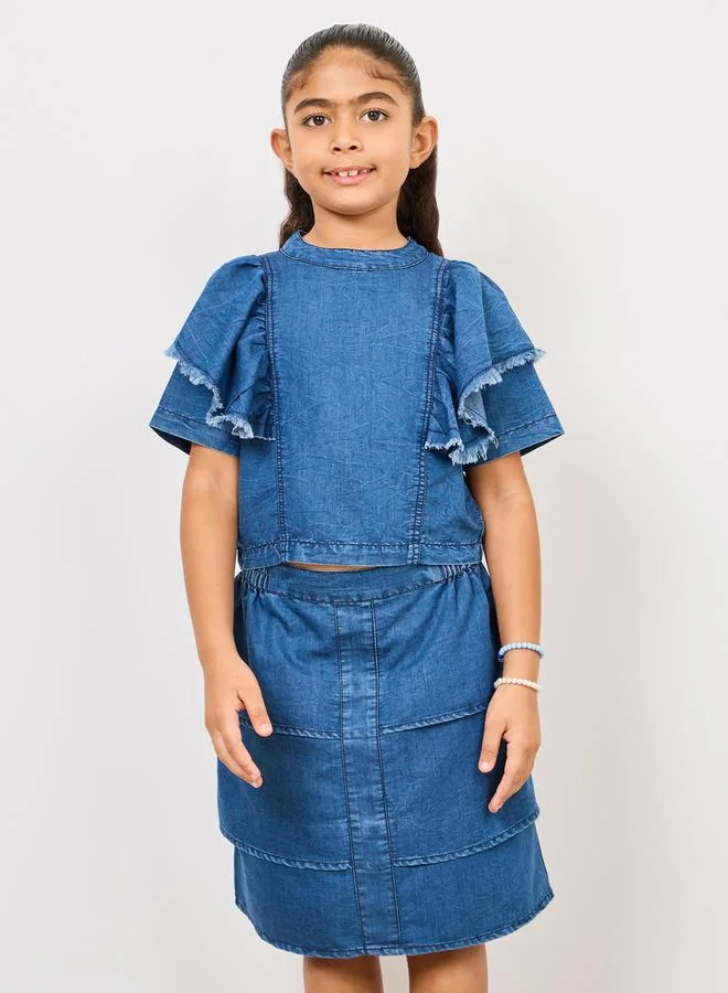 Styli Ruffle Detail Denim Top and Pencil Mini Skirt