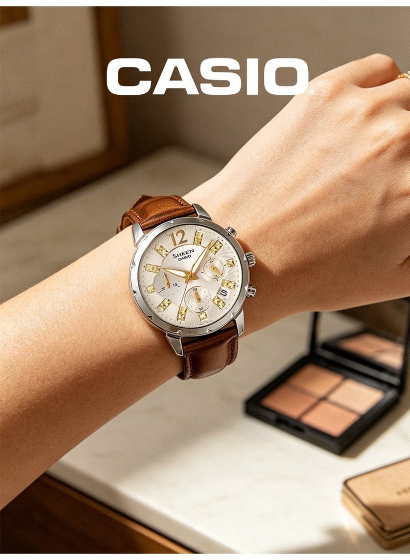 Casio SHEEN Women's Round Chronograph Watch, Champagne Gold Dial with Crystal Markers, Brown Genuine Leather Strap, 3ATM Water Resistant SHE-5024BL-9ADR - Image 2
