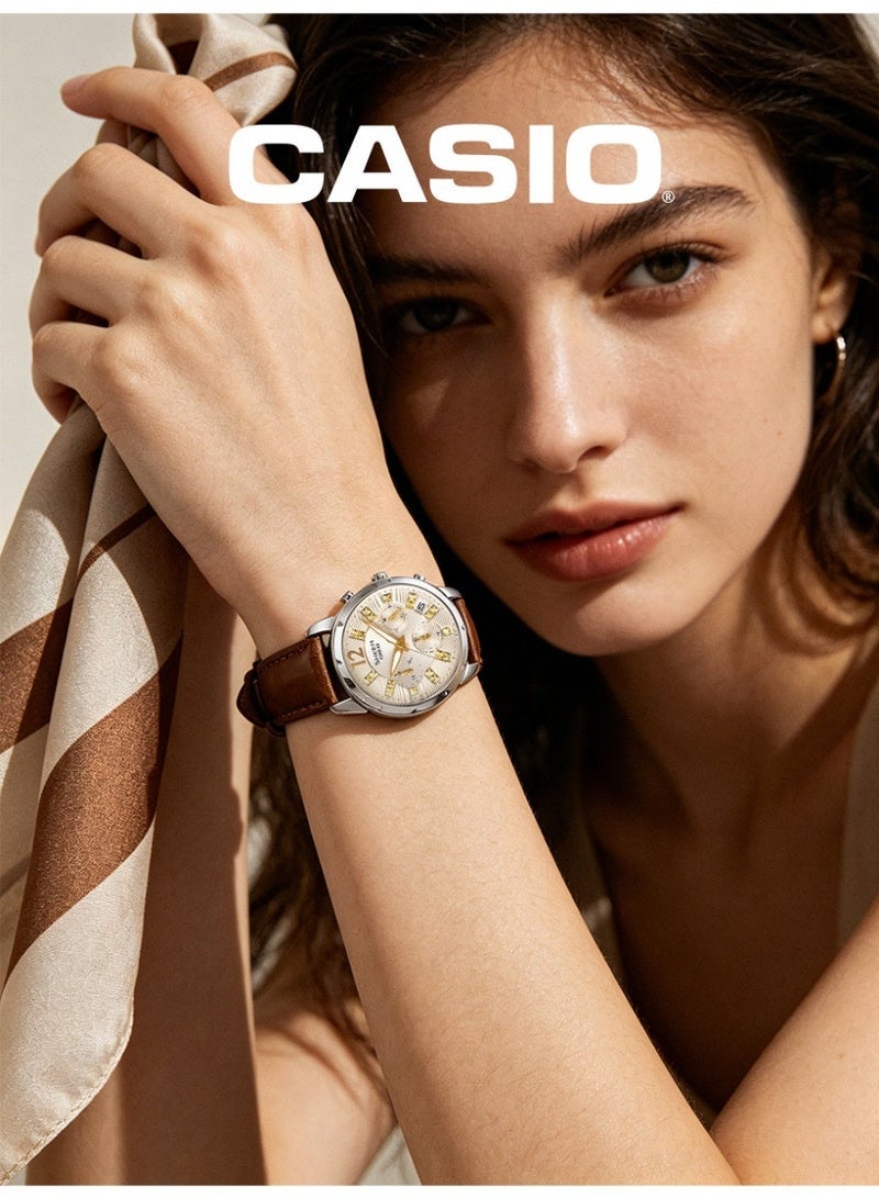 Casio SHEEN Women's Round Chronograph Watch, Champagne Gold Dial with Crystal Markers, Brown Genuine Leather Strap, 3ATM Water Resistant SHE-5024BL-9ADR - Image 5