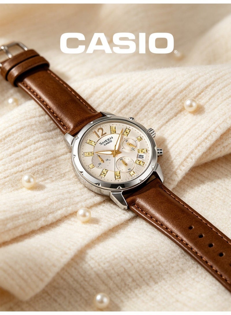 Casio SHEEN Women's Round Chronograph Watch, Champagne Gold Dial with Crystal Markers, Brown Genuine Leather Strap, 3ATM Water Resistant SHE-5024BL-9ADR - Image 4
