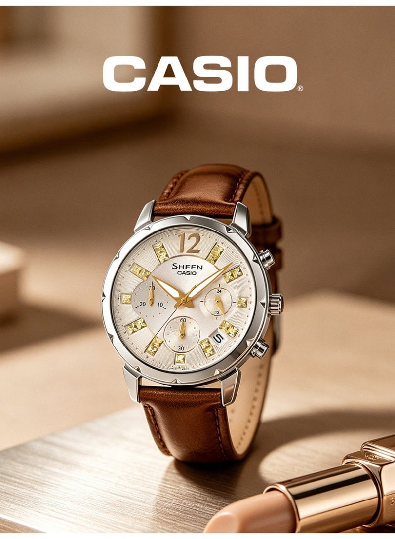 Casio SHEEN Women's Round Chronograph Watch, Champagne Gold Dial with Crystal Markers, Brown Genuine Leather Strap, 3ATM Water Resistant SHE-5024BL-9ADR - Image 1