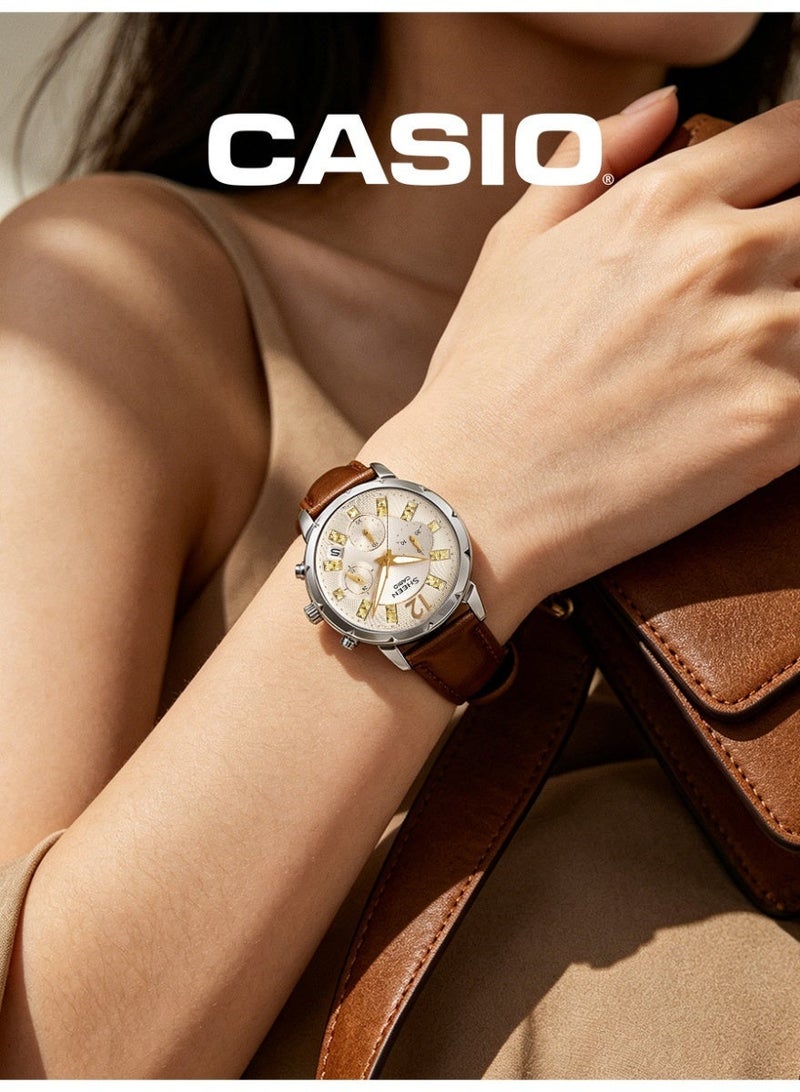 Casio SHEEN Women's Round Chronograph Watch, Champagne Gold Dial with Crystal Markers, Brown Genuine Leather Strap, 3ATM Water Resistant SHE-5024BL-9ADR - Image 3