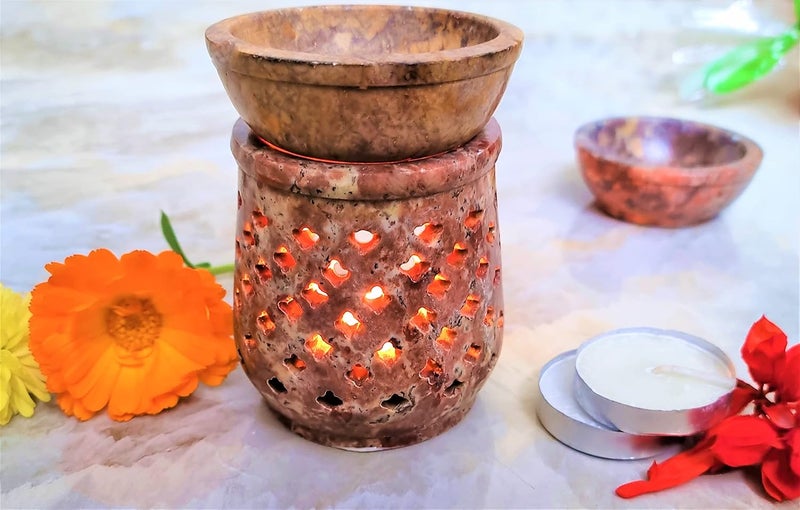 AL Asian Lily AL Asian Lily Natural Color SoapstoneMarble Aroma Oil Diffuser Beautifully Hand Carved for Home Decor 3 25 Inches with 2 T lite Candles Gifting for Navratri Diwali Dussehra Festivals - Image 1